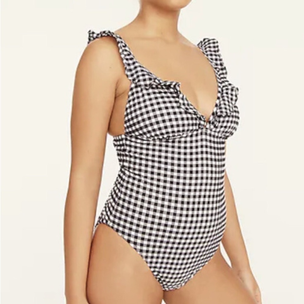 J. Crew Black and White Gingham Ruffle One-Piece Swimsuit